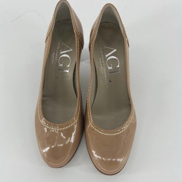 AGL Tan Patent Leather Stacked Wood Heel Pumps womens 38 - Picture 5 of 8